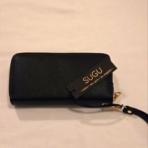 SUGU Double Zipper Distressed Vagan Leather Purse Around Wristlet Wallet Black